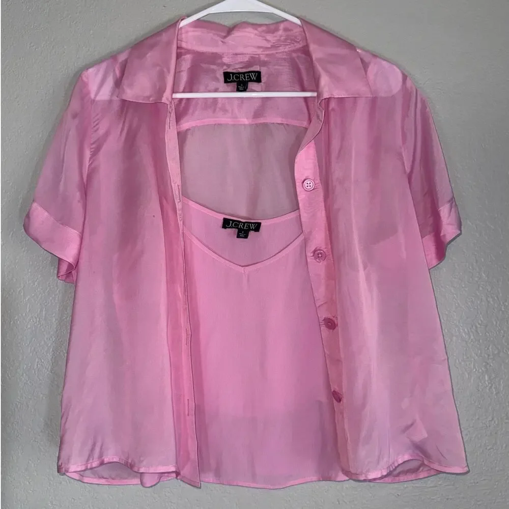 JCrew Sheer Bubble Gum Pink Collared Button Up Top Blouse Camisole 2 Piece Sz 8 - Picture 2 of 10